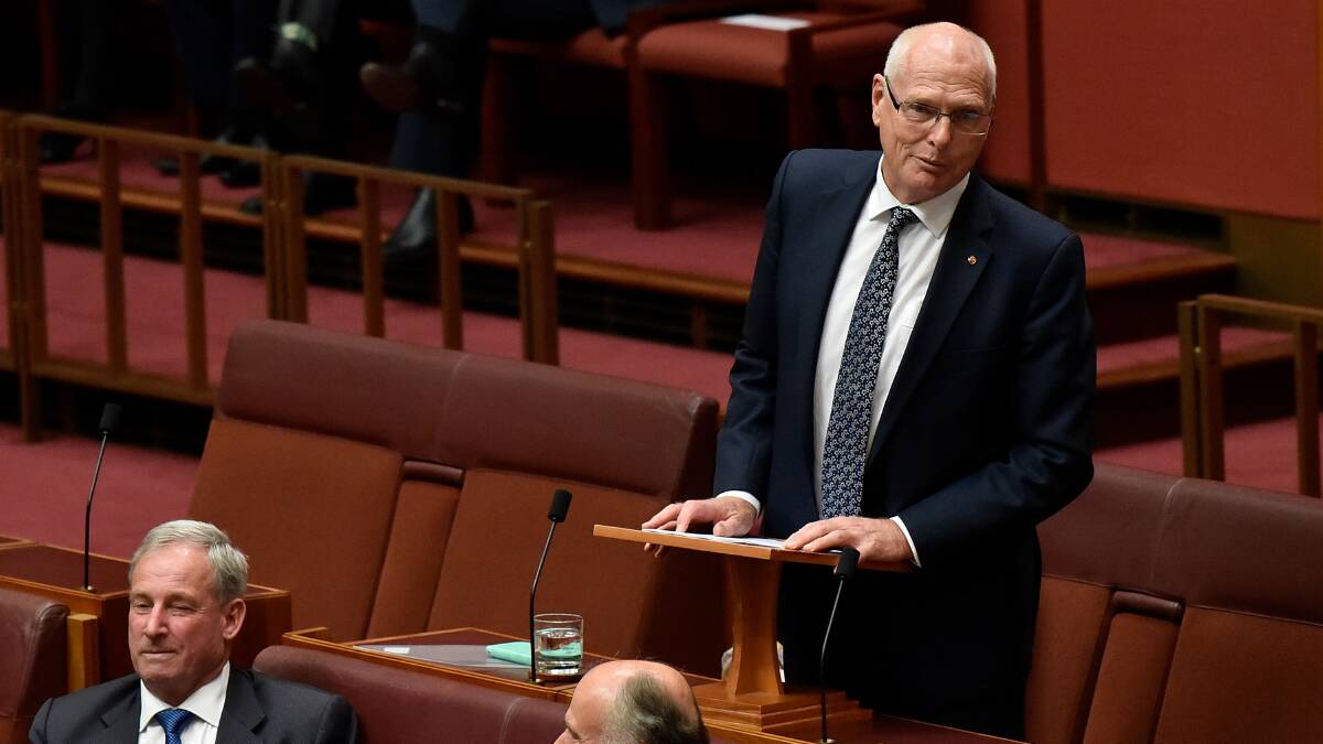  Jim Molan delivers his first speech in the Senate on February 14, 2018. 