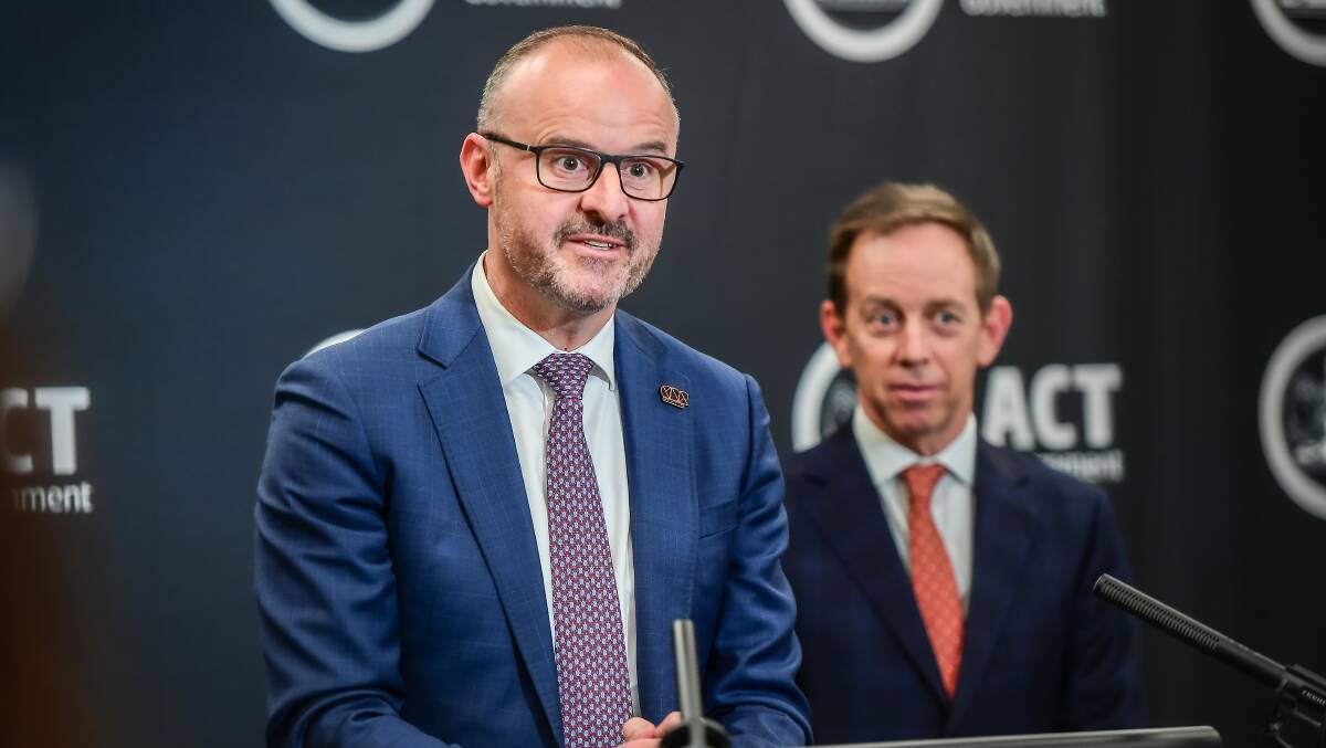 Chief Minister Andrew Barr and Attorney-General Shane Rattenbury speak to media after the release of the Sofronoff report. Picture by Karleen Minney.