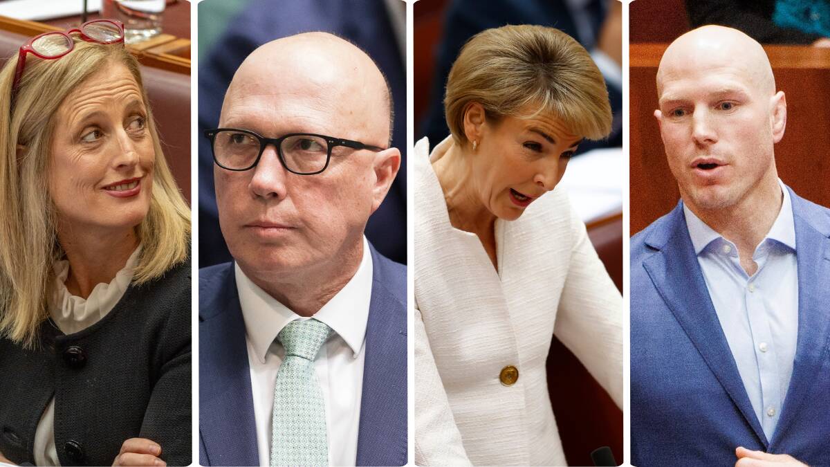 ACT Senator Katy Gallagher, Opposition Leader Peter Dutton, WA Senator Michaelia Cash and ACT Senator David Pocock are in a battle over the ACT's territory rights. Pictures ACM