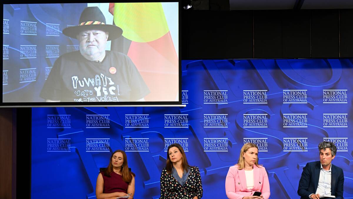 Labor senator and National Referendum Council co-chair Pat Dodson appears via video to address the National Press Club in Canberra. Picture AAP