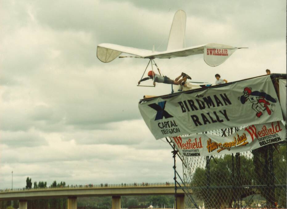 One of the more serious crafts taking flight in the Birdman Rally, 1986. Picture from ArchivesACT
