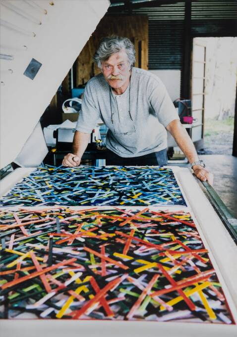 Klaus Moje in his studio at Wapengo with wall panels ready for firing. Picture: Supplied