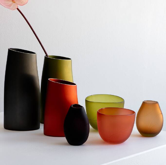 F!nk Four Seasons vases, $179-$199. Glass vessels by Harriet Schwarzrock, $130. craftact.org.au