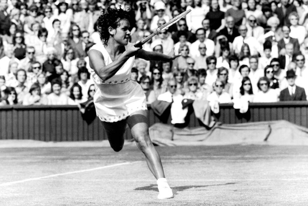 Evonne Goolagong Cawley wearing the Ted Tinling-designed dress at Wimbledon in 1972. Picture: Getty Images