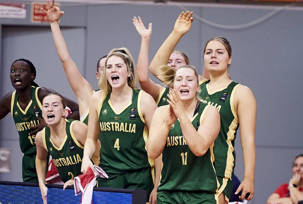 Saffron Shiels, third from left, at the under-19 World Cup. The Newcastle point guard
is part of an Australian Opals squad to play a five game series against China. Picture Getty Images