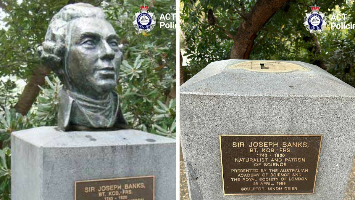 The bust in place, left, and the empty plinth at the Botanic Gardens. Picture supplied