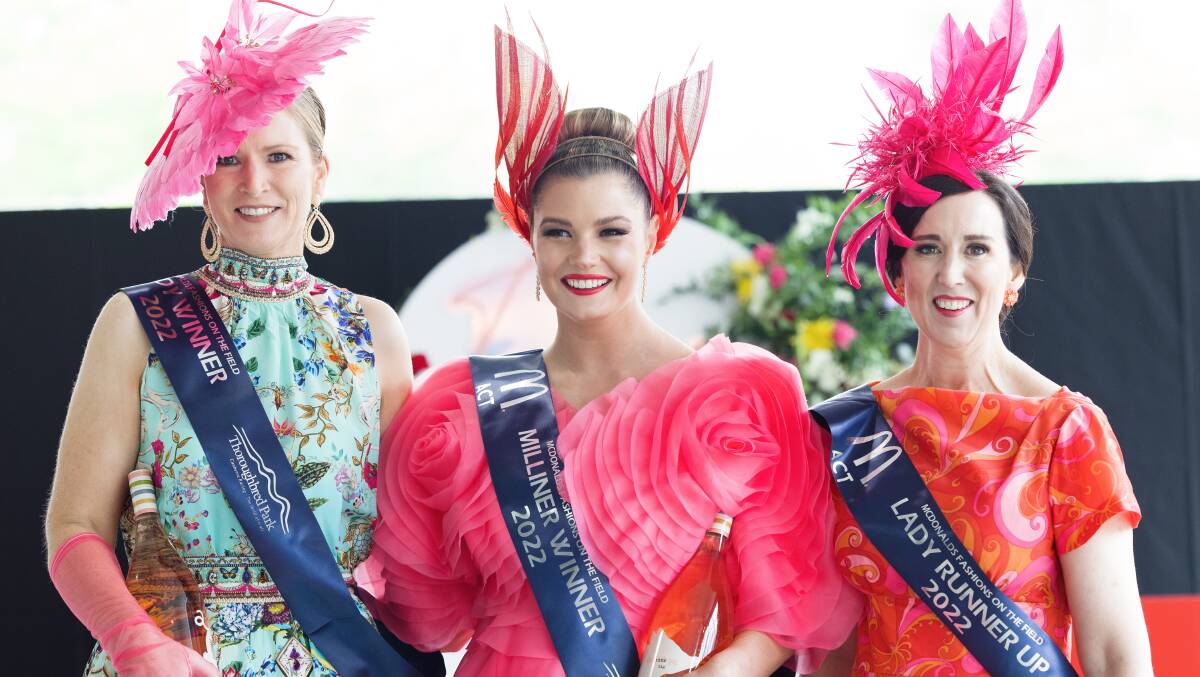 Fashions on the field Lady winner Alison Jones from Yass, milliner winner Courtney Busby from Canberra, and lady runner up Sally Martin from Canberra. Picture by Sitthixay Ditthavong