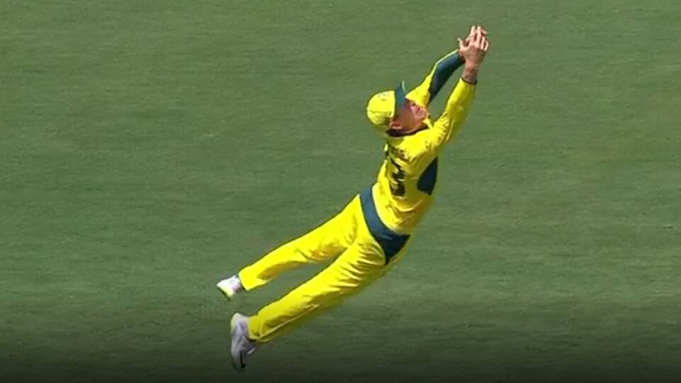 Marnus Labuschagne flies through the air to claim on of the catches of the summer at Manuka Oval. Picture Fox Cricket