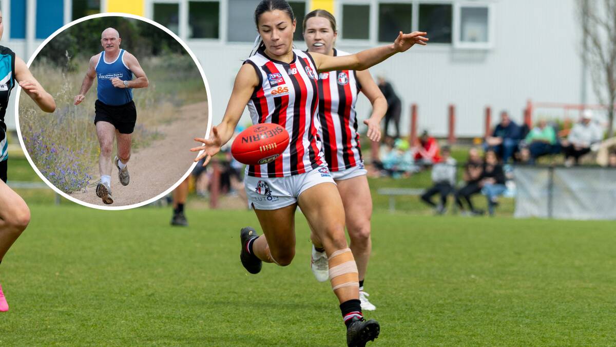 Sophia de Castella, the daughter of marathon legend Robert de Castella (inset), is chasing an AFLW call up. Pictures by Gary Ramage/Andrew Sheargold