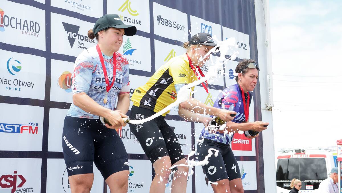 Chloe Hosking, left, celebrates her second place in the Warrnambool Women's Classic. Picture by Anthony Brady