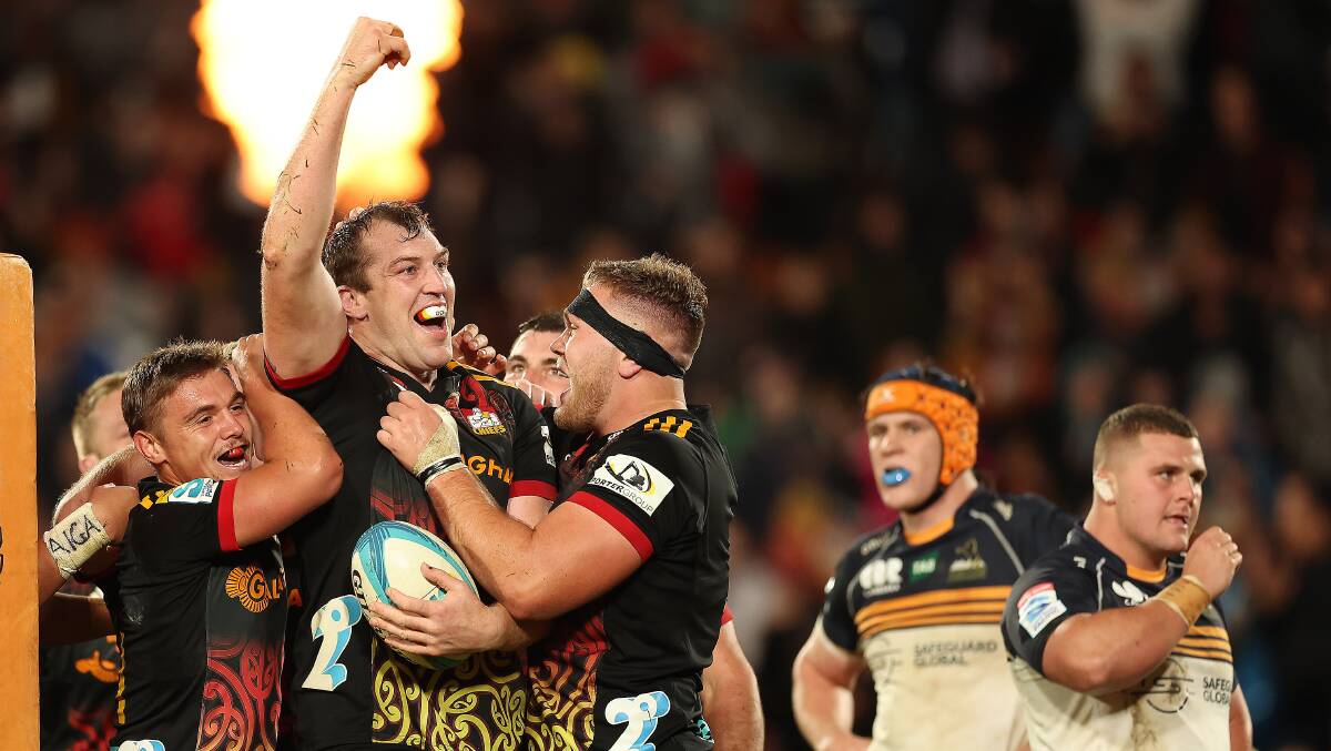 Brodie Retallick celebrates the winning try in Saturday's semi-final victory over the Brumbies. Picture Getty Images