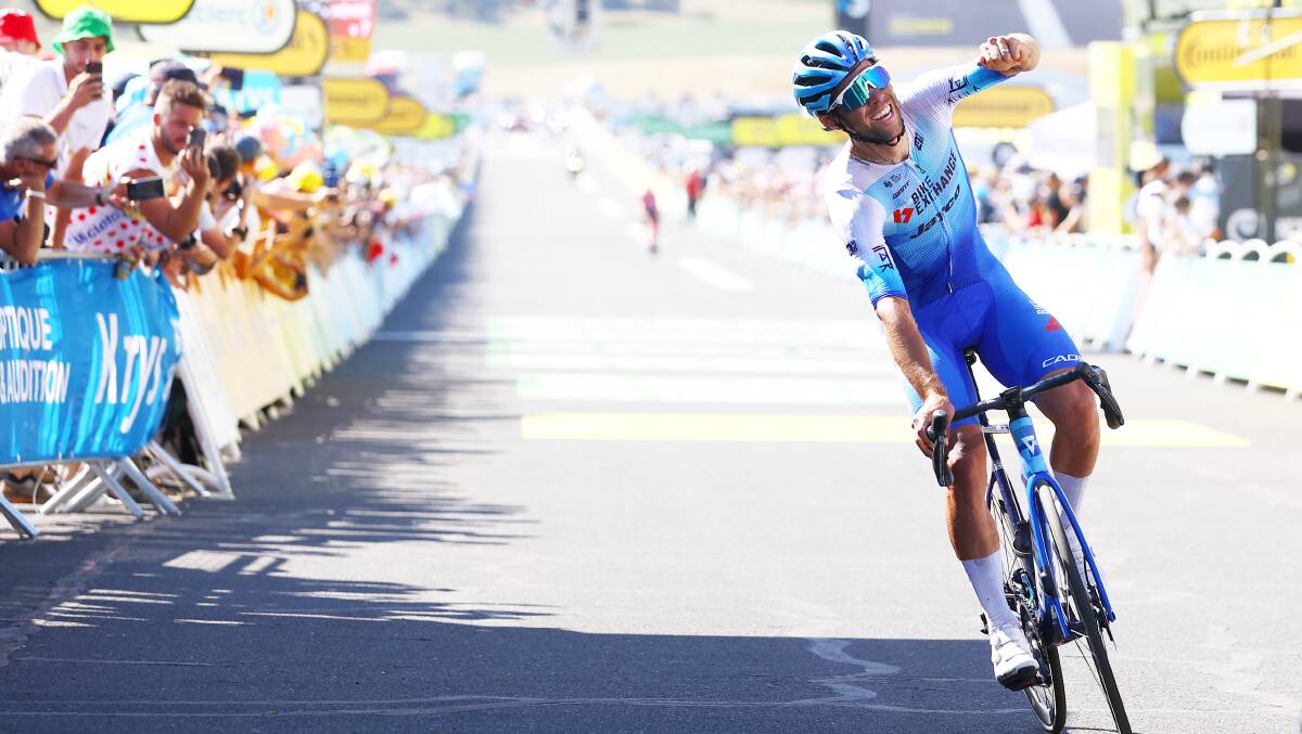 Canberra's Michael Matthews celebrates last week's stage victory at the Tour de France. Picture: Getty Images