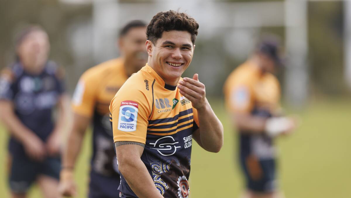 Noah Lolesio is all smiles after committing to the Brumbies for 2024. Picture by Keegan Carroll