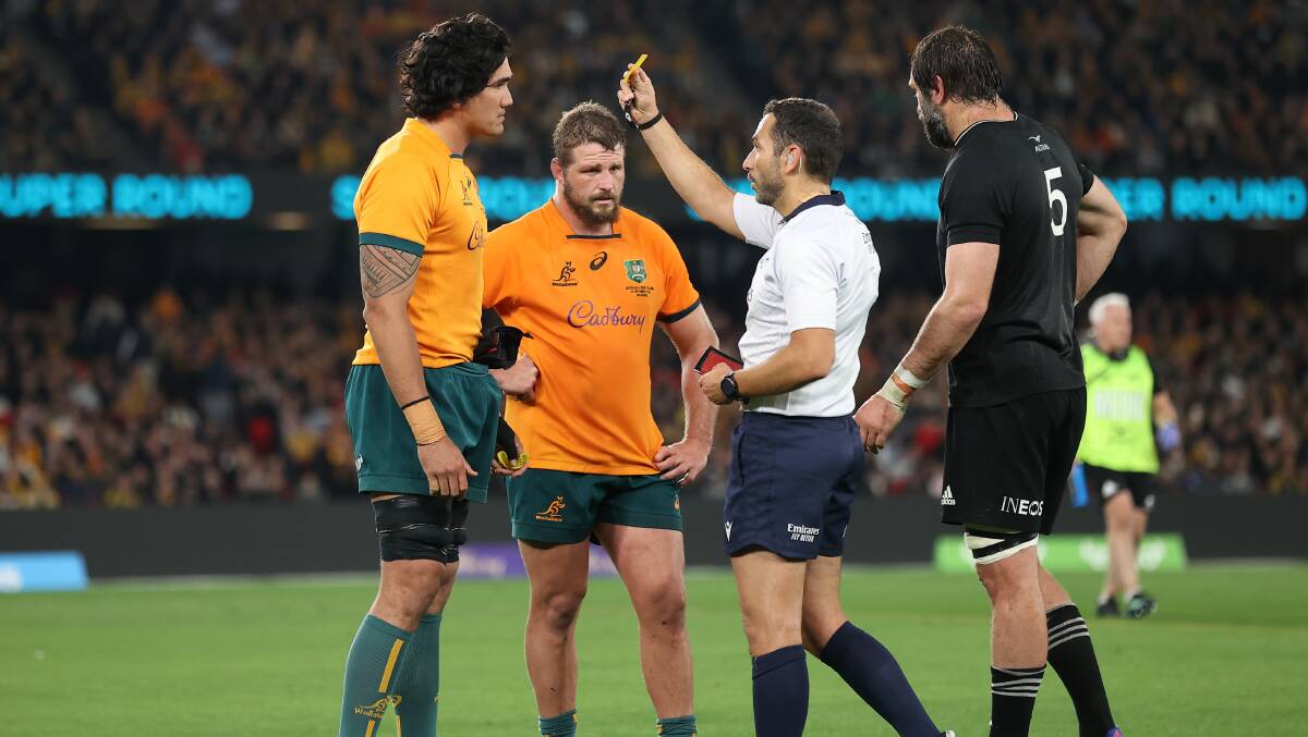 Wallabies lock Darcy Swain was sent to the sin bin in last week's loss to the All Blacks. Picture Getty Images