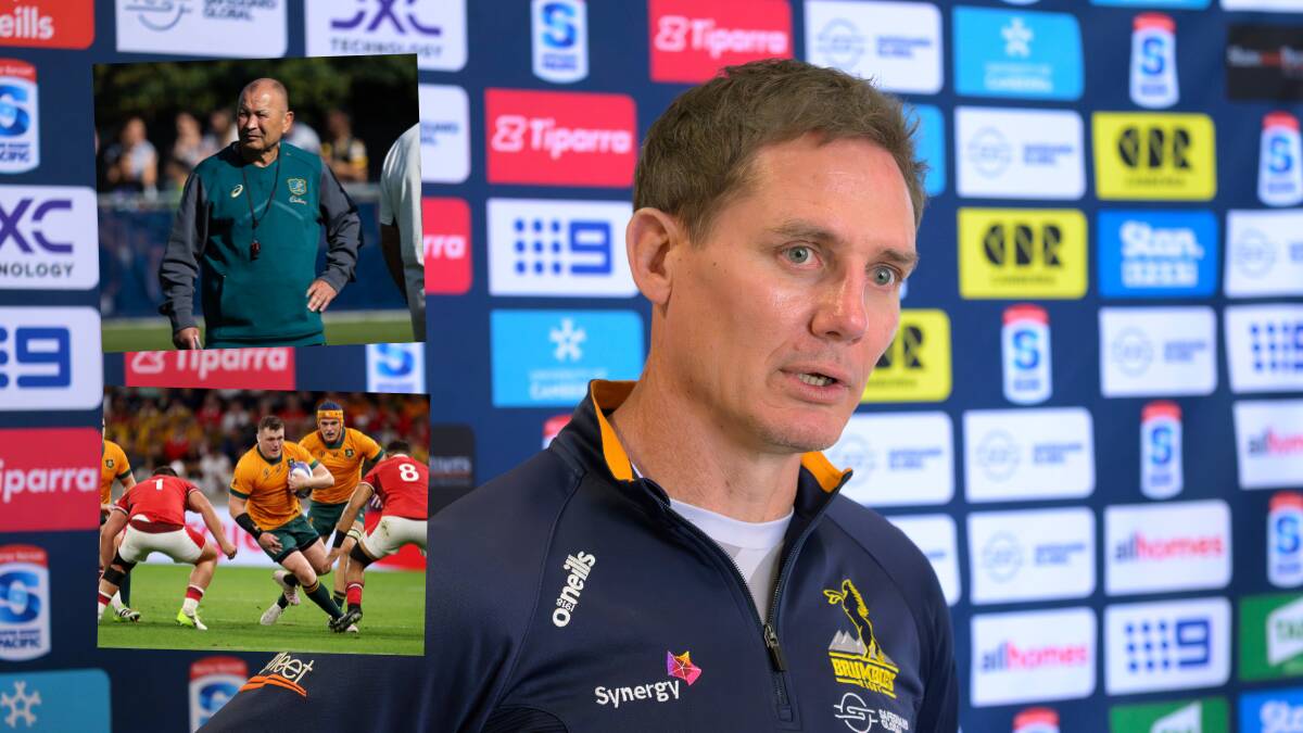ACT Brumbies coach Stephen Larkham has backed Eddie Jones (inset) to continue as Wallabies coach despite a disastrous World Cup. Picture by Keegan Carroll