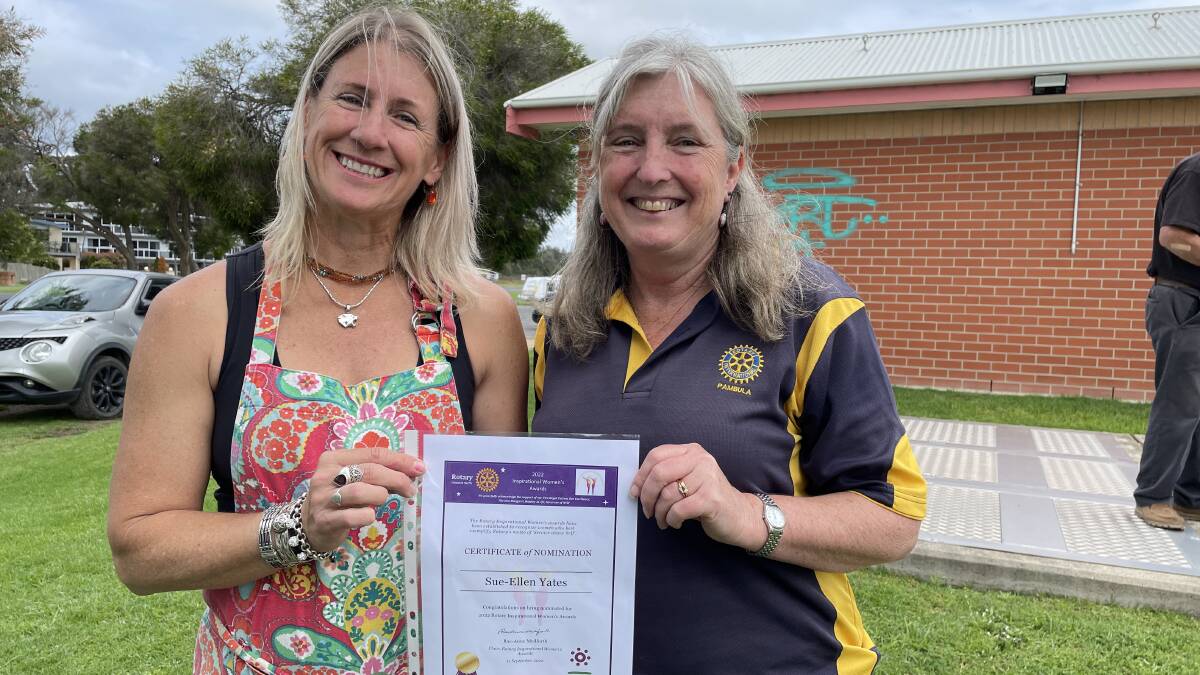 SueEllen Yates with the Inspirational Women nomination certificate presented by Lynne Koerbin of Pambula Rotary, October 2022. Picture by Denise Dion