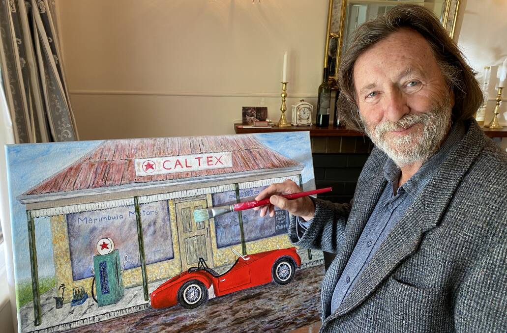 Paul Dion's painting of a TR3 Triumph roadster against a retro backdrop, will be raffled at the 2022 TR Register Australia gala dinner with proceeds going to Pearls Place. Picture by Denise Dion