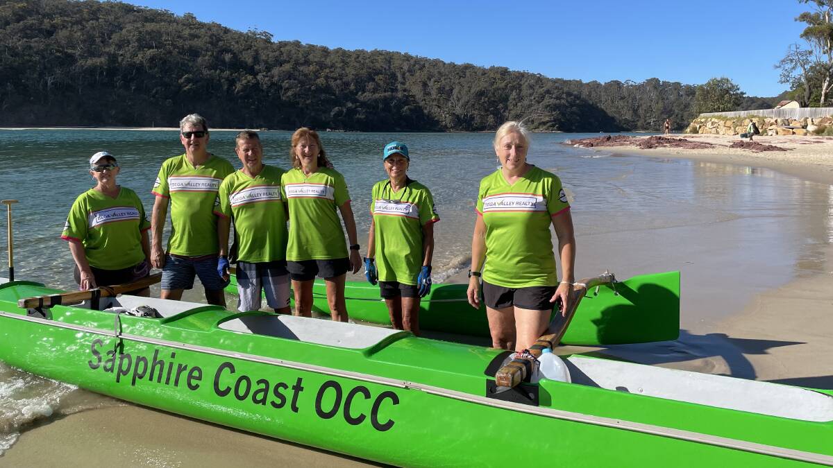The Sapphire Coast Outrigger Canoe Club crew taking on the Norfolk Island challenge, Bev Steer, Geoff McCallum, Pete and Fran Bowery, Robyn Loorham and Gill McCallum. Picture by Denise Dion