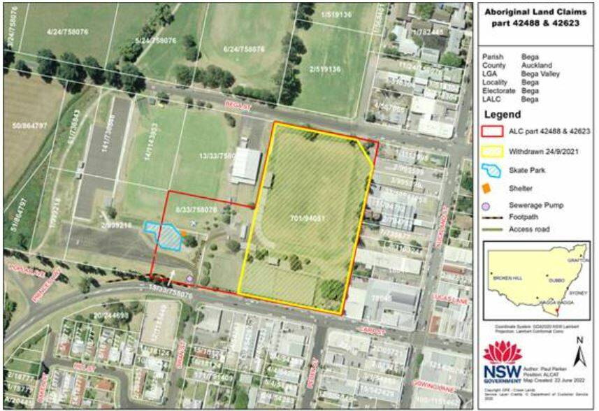 The red area was the original area of total claim by the Bega Local Aboriginal Land Council but the yellow area has now been withdrawn from the claim.