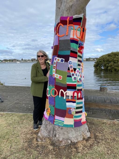 Pambula-Merimbula CWA president Anne Maddock at tree which will be transformed into the Tree of Kindness with quotes and yarn bombing by Friday, September 1. Picture supplied