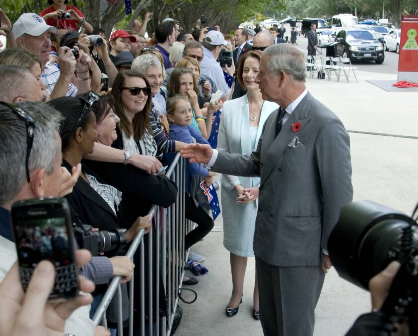 The then Prince Charles with the then prime minister Julia Gillard in Canberra in 2012. Picture by Elesa Kurtz.