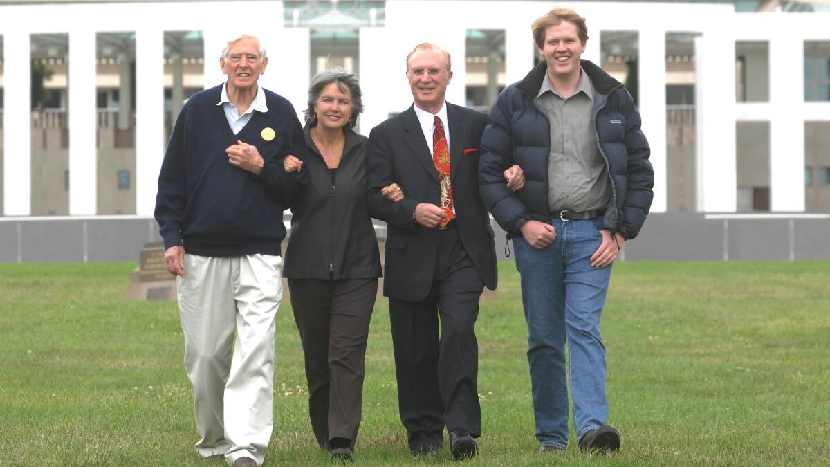 Michael Denborough, left, seen here with other minor party candidates in 2009, founded the Nuclear Disarmament Party. Picture by Graham Tidy 