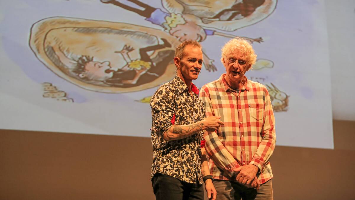 Andy Griffiths and Terry Denton on stage for the 104 Storey Treehouse Tour in 2018. Picture by Rob Gunstone