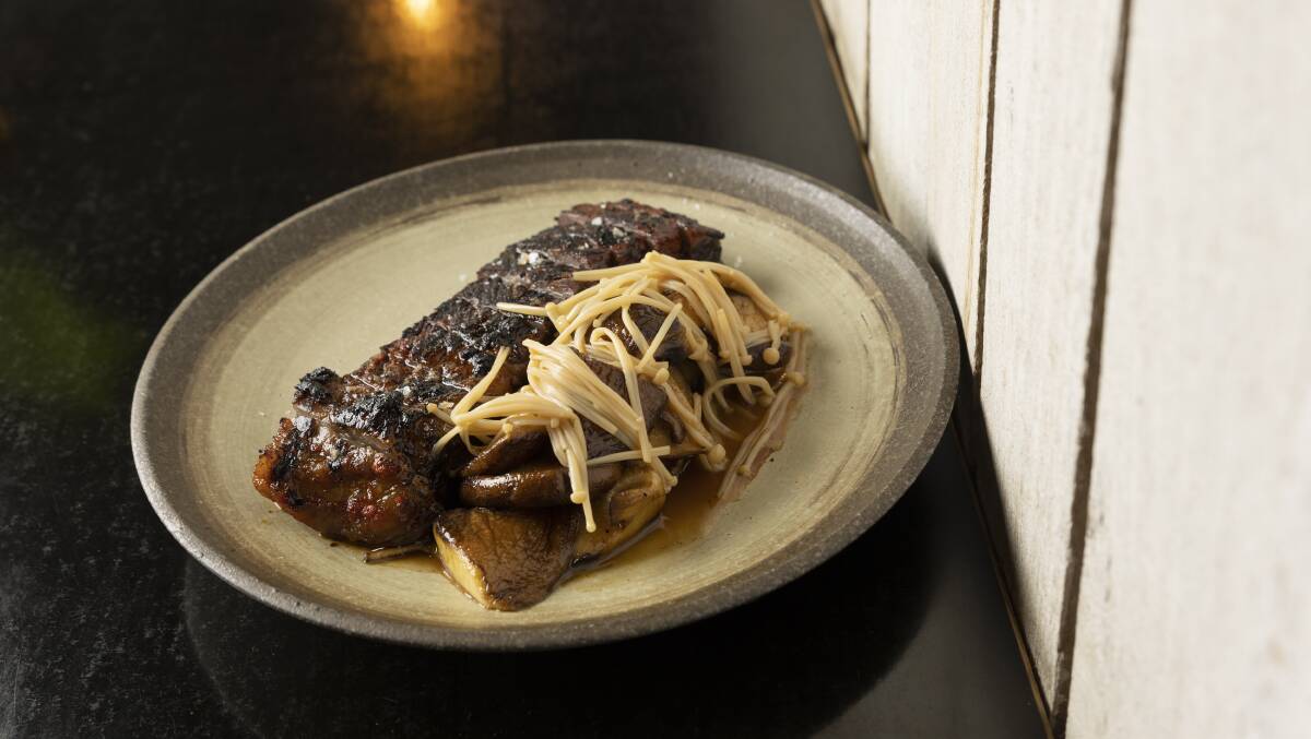 Charcoal grilled 200 gm wagyu flank, Southern Highlands mushrooms. Picture by Keegan Carroll