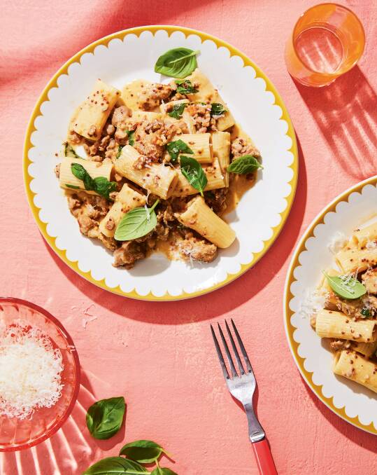Use store-bought sausage in this mustard and basil rigatoni. Picture by Cath Muscat