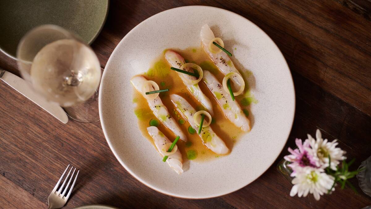 South Coast snapper sashimi, onion, chive oil, garum. Picture by Ash St George