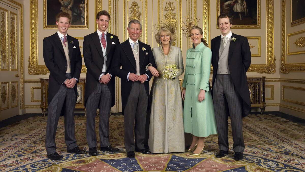 Charles and his new bride Camilla with their children, left to right, Harry, William, Laura and Tom Parker-Bowles in 2015. Picture Getty Images
