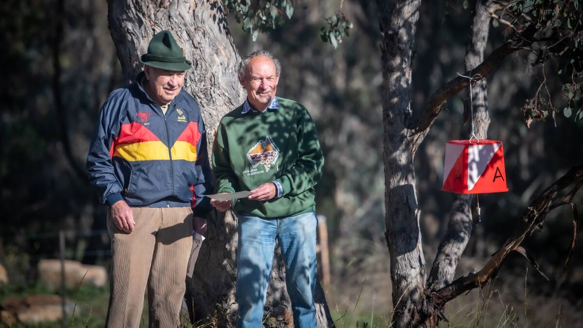 The late Bob Mouatt, left, with David Hogg at the 50th birthday celebrations for Orienteering ACT in 2021. Picture: Karleen Minney
