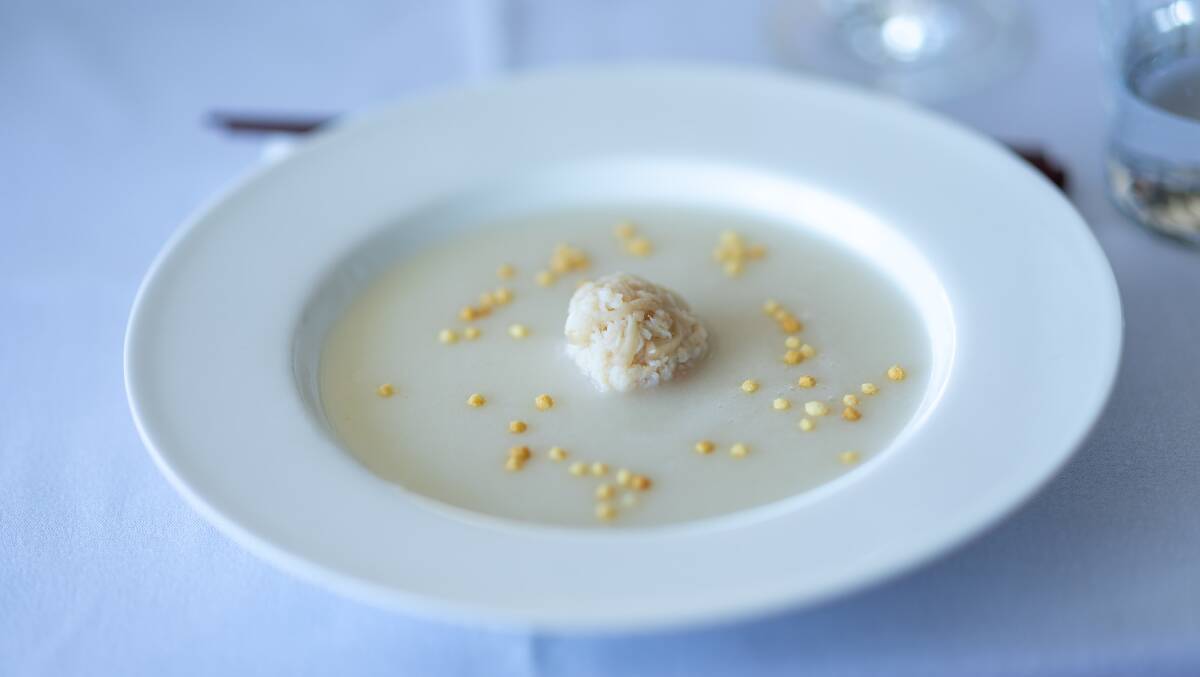 Apricot kernel rice broth, spanner crab, semi-dried daikon. Picture by Gary Ramage