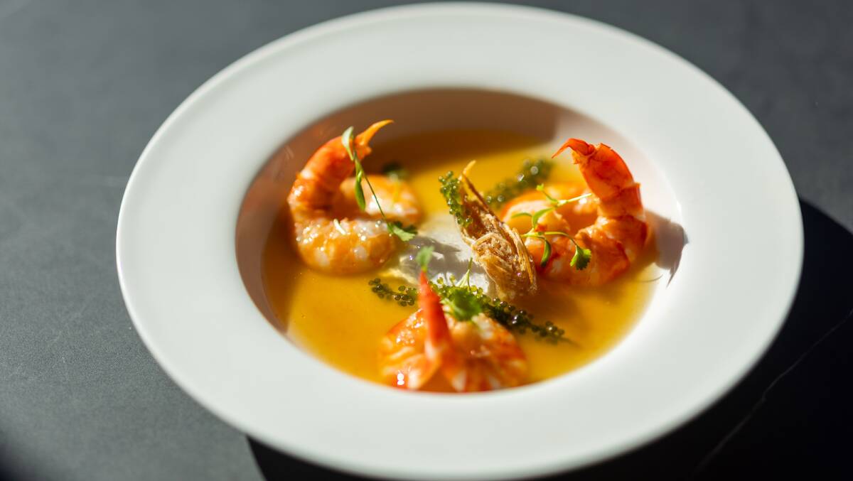 Tiger prawns, spicy wine sauce, konjac jelly and sea grapes. Picture by Gary Ramage