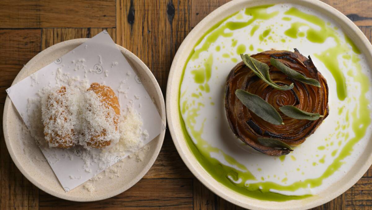 Cauliflower and gruyere croquette, left; and potato and carrot galette, buttermilk, tarragon. Picture by Keegan Carroll