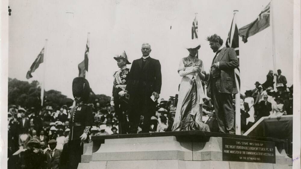 Lady Denman, Lord Denman, Andrew Fisher (prime minister) and King O'Malley (home affairs minister) at the naming of Canberra on March 12, 1913. Picture by unattributed photographer, courtesy of CMAG's Canberra Press Photography Collection, 2018