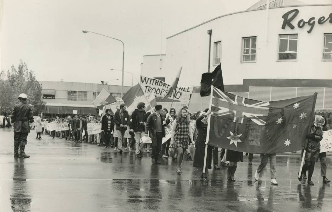 Moratorium marchers in Canberra, c.1970-71. Picture by unattributed Canberra Times photographer, courtesy of CMAG's Canberra Press Photography Collection, 2018