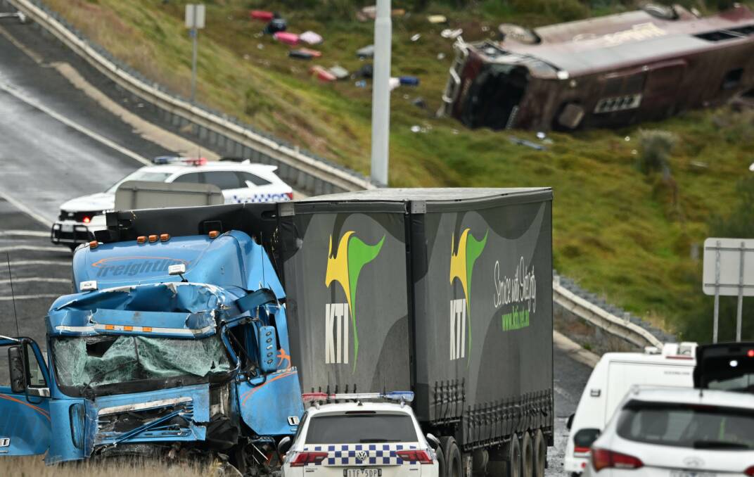 The scene of a collision between a school bus and a truck in Bacchus Marsh. Picture by AAP Image/Joel Carrett