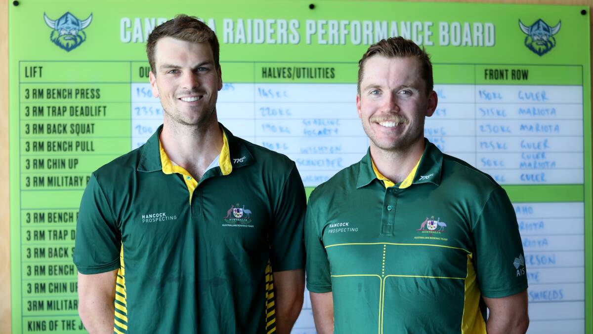 Rowers Alex Purnell and Caleb Antill at Raiders HQ on Monday. Picture Raiders Media
