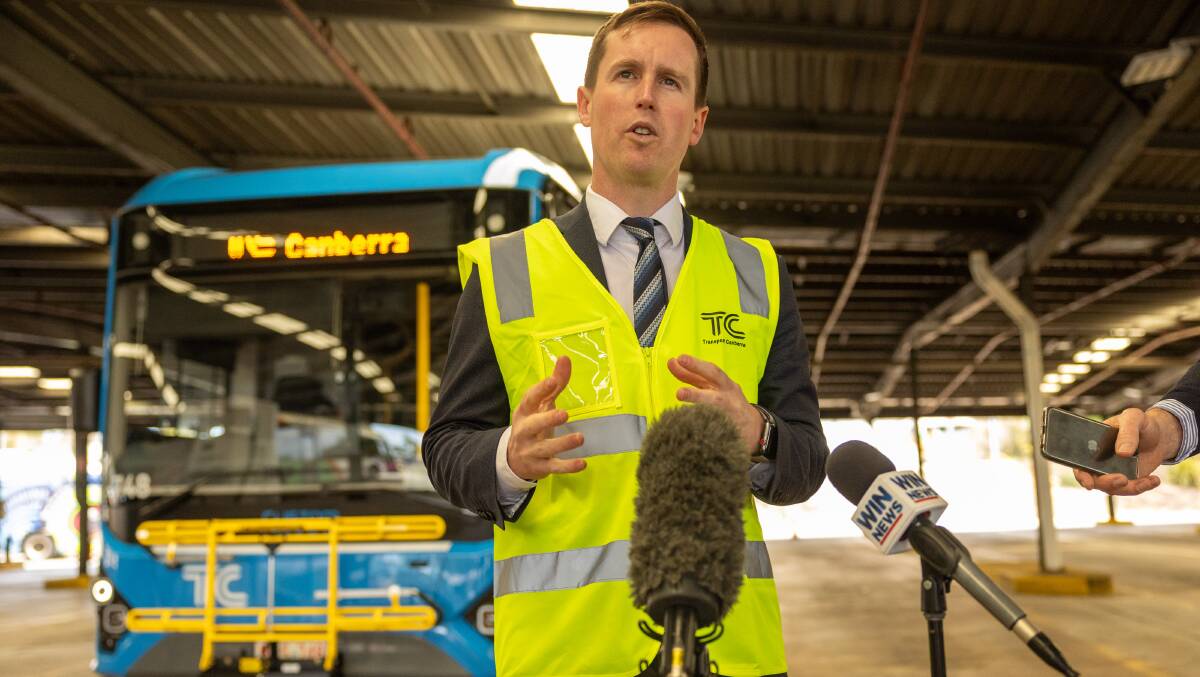 ACT Transport Minister Chris Steel with a new Australian-made Custom Denning Element series electric bus. Picture by Gary Ramage