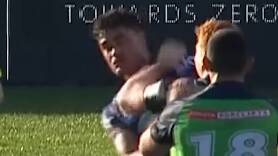Raiders prop Corey Horsburgh unleashes a punch on Saturday. 