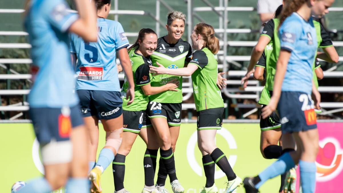 Canberra United's Michelle Heyman celebrates scoring the opener in the club's now-stripped win against Sydney FC. Picture by Elesa Kurtz