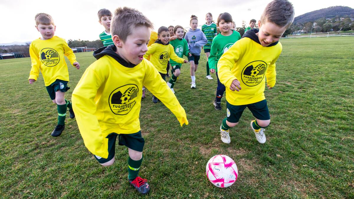 Tuggeranong United FC brothers, Toby, 4, and Jack, 6, Muench are among the many young Canberra soccer talents inspired by the Matildas. Picture by Elesa Kurtz
