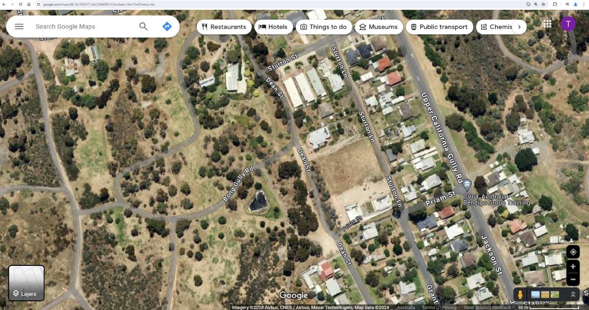 A screenshot from Google Maps shows Upper California Gully to the right. Two streets over is Dean Street and, according to the map, Bong Gully Road.