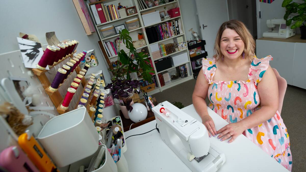 Amanda Paroz wearing garments she has sewn in her sewing room. Picture: Elesa Kurtz