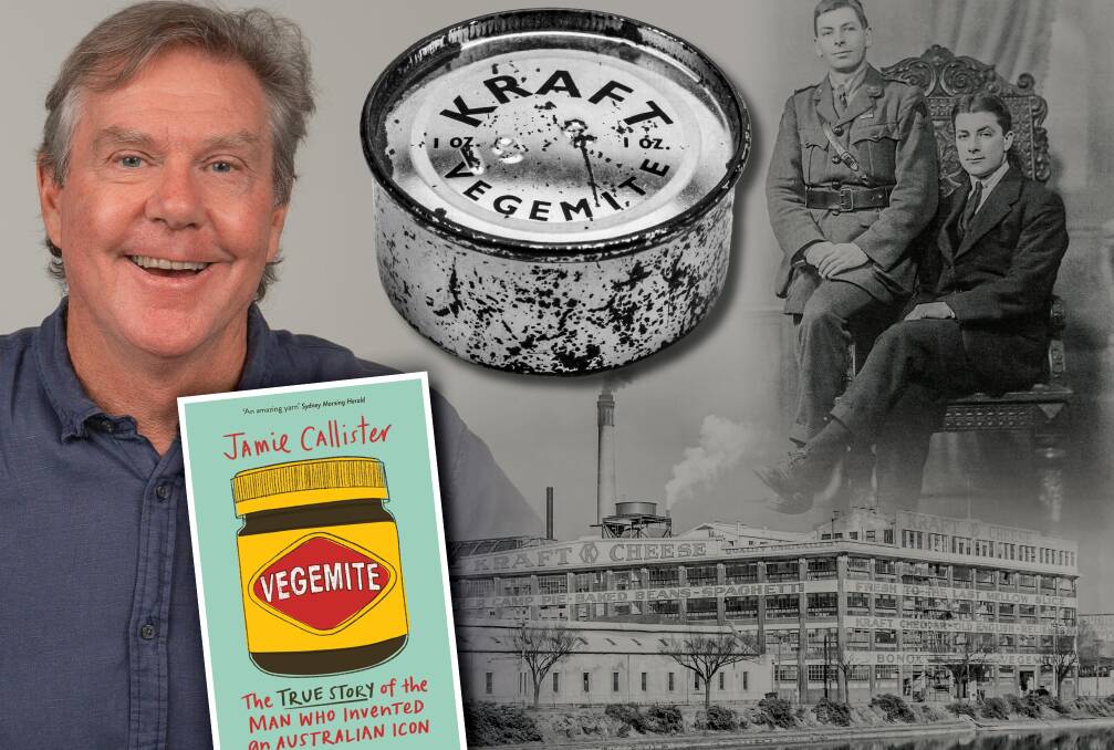 Author Jamie Callister and his new book; a ration can of Vegemite from World War II; the ultra-modern Kraft Walker factory on the Yarra River in 1928; Reg and Cyril in London in 1916. Pictures supplied