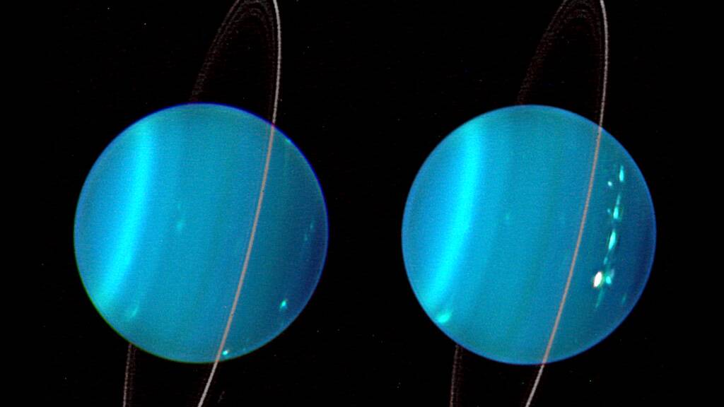 The two hemispheres of Uranus obtained with Keck Telescope adaptive optics. Picture by Lawrence Sromovsky, University of Wisconsin-Madison/W.W. Keck Observatory