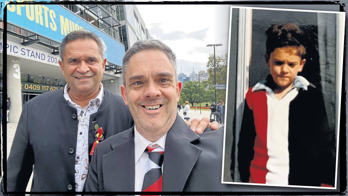 Saints great Nicky Winmar with ACM journalist Laurie Bullock who has been a Saints supporter since he was a child (inset). 