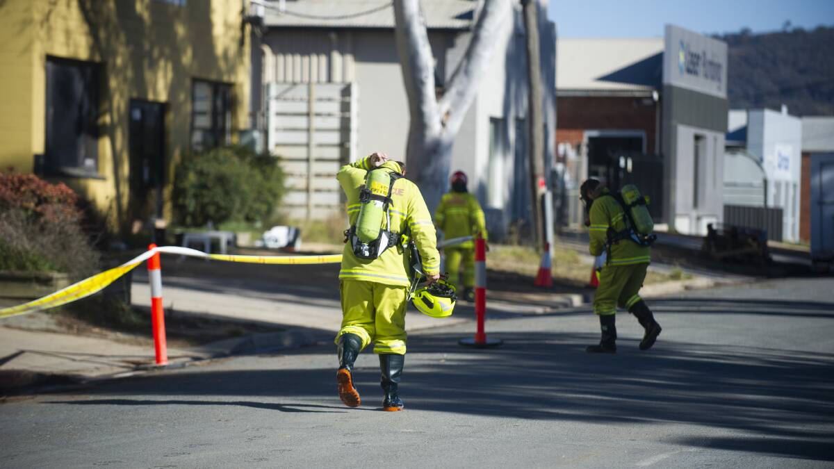 Fire crews on the scene of a battery fire at the Beam scooter facility in Fyshwick. Picture: Dion Georgopoulos