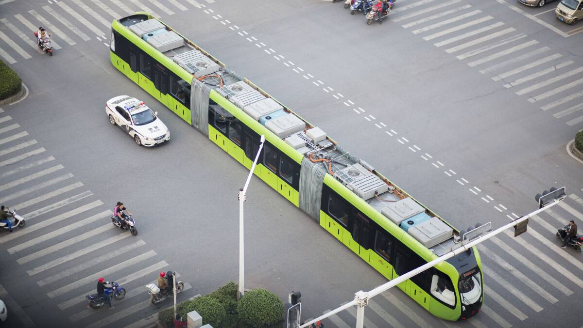 A trackless tram operating in the Chinese city of Zhuzhou. Picture Getty Images